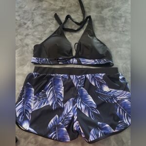 Black and Purple Leaf Print Bikini Set